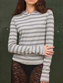 COUREZ 长袖条纹连帽衫 / Y2K 春季女装 可爱性感上衣 外出派对狂欢装扮 夏季上衣 夏季套装 修身条纹上衣 针织衫 夏季条纹上衣 - 灰色 - 查看 6