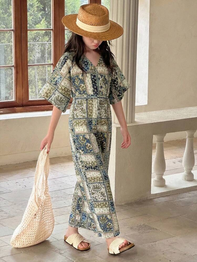 Tween Girls' V-Neck All-Over Print Casual Jumpsuit For Daily Wear Summer