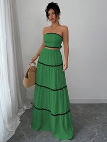 Rafferiza Petite Conjunto de moda con top bandeau y falda de pastel con patchwork, adecuado para fiestas y salidas - Verde - Ver 7