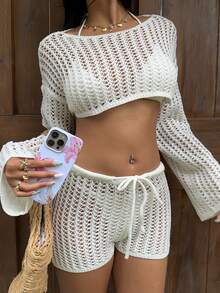 SHEIN PETITE Bộ 2 món áo dệt kim tay dài dáng ngắn màu trắng dành cho nữ, kiểu dáng thường ngày, đa năng, khoét eo, gợi cảm, phong cách nghỉ mát biển mùa hè. - trắng - Xem 6