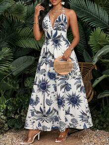 SHEIN Lady Women's All-Over Print Halter Backless Casual Vacation Dress - Multicolor - View 4