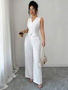 Elenzga 女士优雅通勤办公套装，白色编织撞色蕾丝无袖背心+直筒阔腿裤，女士工作服两件套优雅套装，女士商务休闲装，女士工作背心白色阔腿裤，女士正式服装工作服 - 白色 - 查看 3