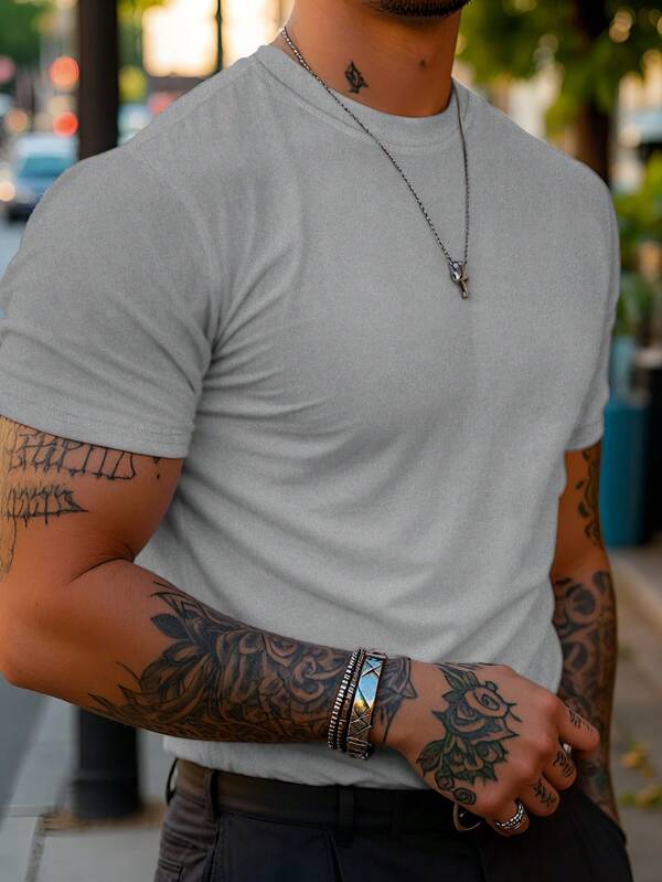 Manfinity Dauomo Men's Solid Color Casual Crew Neck Short Sleeve T-Shirt, Summer