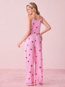 Bonmuse 女士泡泡褶皱条纹爱心印花吊带背心和裤子睡衣套装 - 粉色 - 查看 2