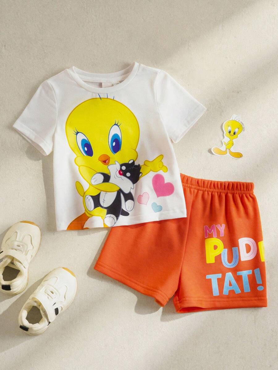 LOONEY TUNES X SHEIN 女婴短袖T恤套装 - 白色 - 查看 1