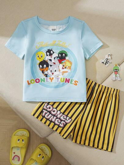 LOONEY TUNES X SHEIN 男婴夏季休闲可爱卡通印花短袖T恤和条纹短裤
