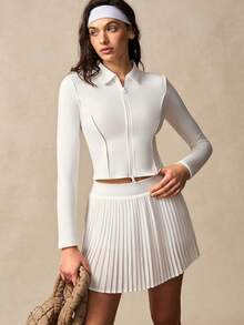 VARSIVA Women's Solid Color Long Sleeve Zip-Up Top And Pleated Skort Sports Suit - White - View 3