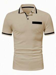 Calvornis 男士撞色纯棉短袖休闲通勤 Polo 衫，正式场合 - 卡其色 - 查看 3