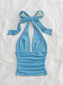 Soleia 女士夏季海滩度假风简约纯色纹理面料露背系带吊带上衣 - 淺藍色 - 查看 2