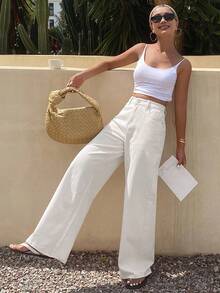 Livesso Petite Jeans de pierna ancha de unicolor versátiles y casuales para mujer, verano - Blanco - Ver 4