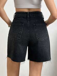 SHEIN High Waist Black Color Casual Style Hem Detailed Woman Button Front Short Everyday Summer - Black - View 2