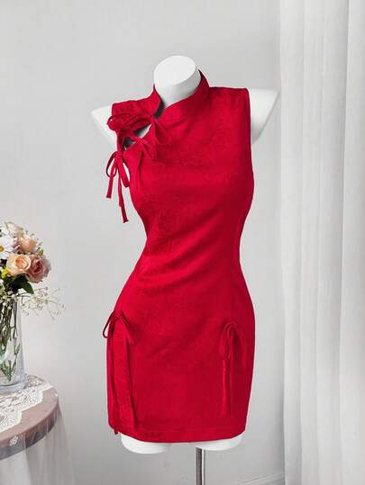 Sweetra Women's Red Cheongsam Party Dress, New Arrival Chinese Style Jacquard Texture Fabric, Fitted Mini Dress. Suitable For New Year's Eve, Chinese New Year And Valentine's Day