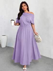 Firerie Plus Size Solid Color Asymmetrical Shoulder Short Sleeve Long Casual Elegant Summer Dress - Purple - View 6