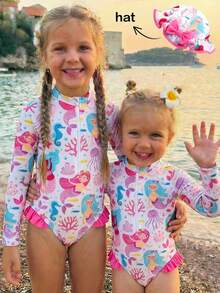 LMoss Kids 2pcs/Set Babygirl Cute Mermaid Print Swimsuit With Hat, Summer Holiday - Multicolor - View 3