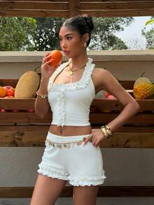 SHEIN EZwear Women's Summer Casual Frill Trim Halter Neck Tank Top & Shorts 2 Pieces Set - White - View 7