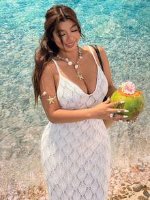 SHEIN EZwear 大码女式针织优雅纹理花卉图案吊带毛衣连衣裙，休闲百搭假日风格 - 米色 - 查看 6