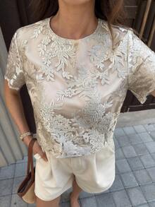 SHEIN Clasi Blusa de encaje de lujo y delicada para mujer, elegante para fiestas, salidas y temporada de bodas, primavera/verano - Gris - Ver 7