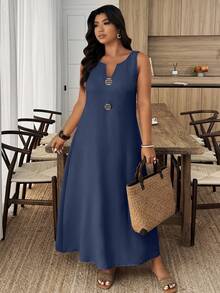 EMERY ROSE 大码女式夏季休闲度假风V领无袖宽松连衣裙 - 藍色 - 查看 3