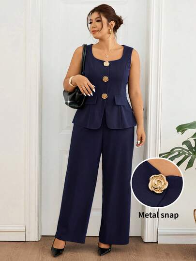 Lounesse Plus Size Women Metal Decor Top And Wide Leg Pants Casual 2 Pieces Set