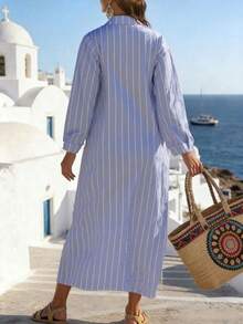 Breezaya Đầm dài tay kẻ sọc dáng rộng thoải mái đa năng dành cho nữ - Màu xanh lam - Xem 2