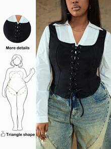 Truni 大码纯色前系带宽松休闲衬衫 - 黑色 - 查看 1