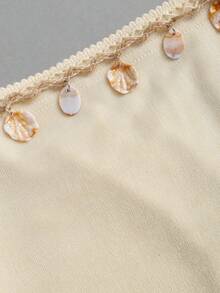 Sweetra Women's New Casual Sexy Draped Neck Patchwork Shell Top And Mini Skirt 2-Piece Set, Suitable For Vacation, Party, Beach, Romantic, White And Gold - Apricot - View 7
