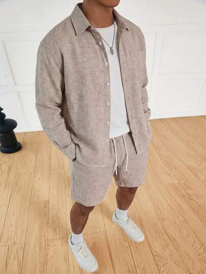 SUMWON Men Linen Feel Textured Button Down Shirt And Drawstring Shorts Two Piece Casual Summer Vacation Beach Resort Outfit Set