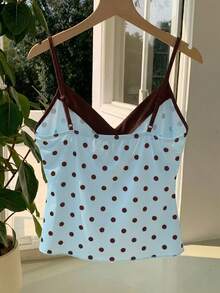 Comfortcana 2026新款女士蓝色缎面波点印花V领吊带背心，时尚春夏装扮，休闲度假服饰，适合情人节、派对、婚礼、生日等场合，S码 - 藍色 - 查看 2