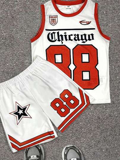 SHEIN Tween Boy Casual Fashionable Classic Cool Baseball Sports Style, Number 88, Gothic Chicago Text, Star Print Short Sleeve Round Neck Tank Top And Shorts 2-Piece Set, Suitable For Commuting, School, Daily Casual Wear, Sports, Spring/Summer