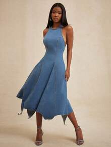 NYA SZN Vestido de mezclilla con cintura ceñida y cuello halter, elegante para citas y salidas - Azul lavado medio - Ver 4