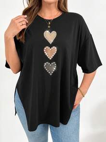 SHEIN Essnce Heart Print Hem Slit Plus Size T-Shirt - Multicolor - View 7