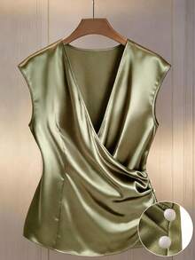 GlowEve CURVE Plus Size Women's Elegant Olive Green Summer Satin Blouse,French Retro V-Neck Sleeveless Waist Pleated Button Decor Basic Top For Dinner,Vacation - Army Green - View 5