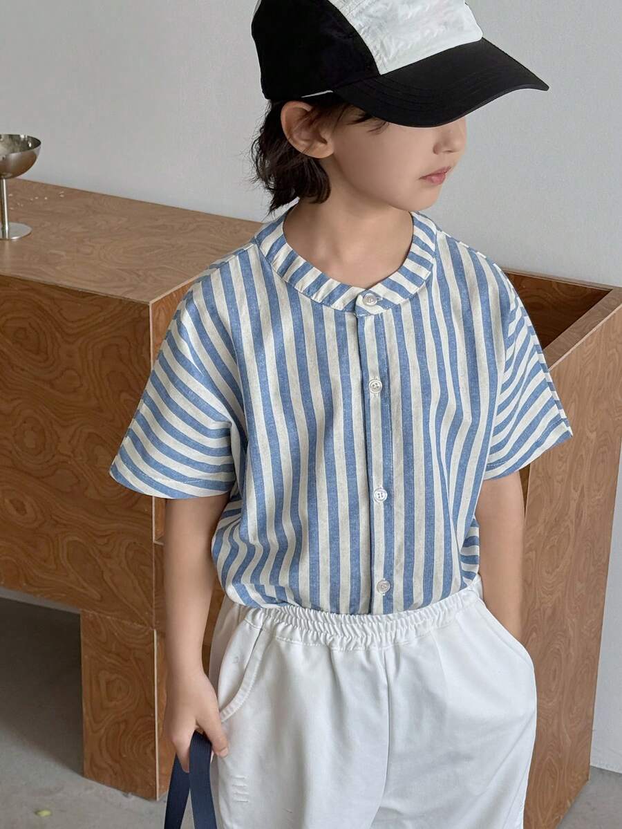 DAZY Áo sơ mi ngắn tay kẻ sọc dáng suông cho bé trai, thích hợp mặc mùa xuân hè. - Màu xanh lam - Xem 1