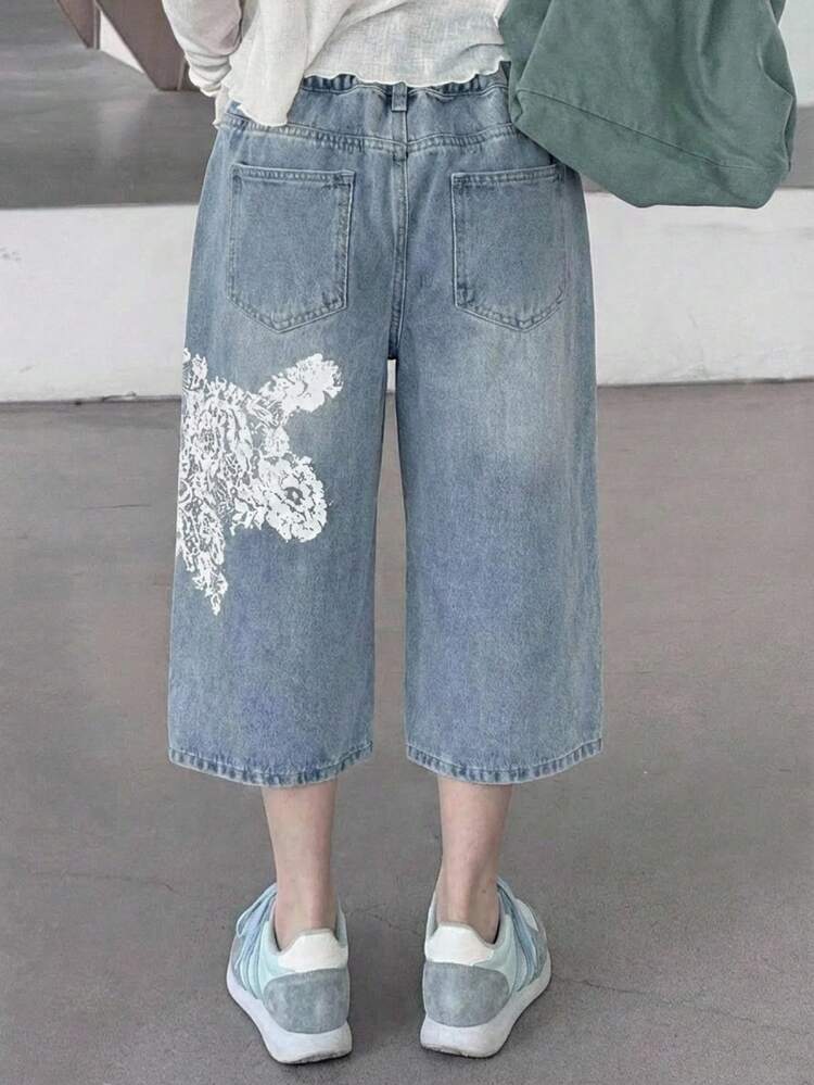 Tween Girls' Lace Floral Pattern Pocket Wide Leg Loose Casual Jeans