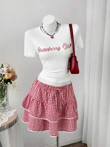Sunspun Bộ 2 món gồm áo croptop in họa tiết ôm sát và chân váy xòe kẻ caro phối màu tương phản. - Đỏ - Xem 1