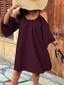 Weeklong Plus Size Round Neck Ruched Pleated Split Flare 3/4 Sleeve Casual A-Line Dress - Redwood - View 5