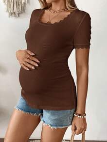 SHEIN Maternity Summer Casual Solid Color Shell Trim Short Sleeve Top - Coffee Brown - View 7
