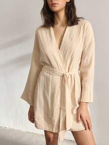 Ocili 女士纯色睡袍，带腰带，睡衣 - 杏色 - 查看 4