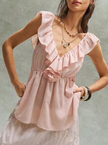 Bohemela 女士纯色V领荷叶边吊带背心，春夏款 - 藕粉色 - 查看 4