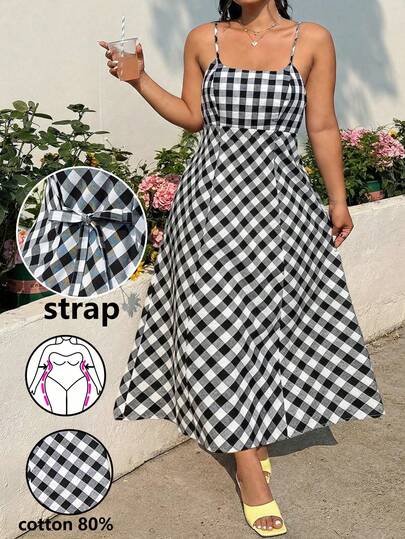 GalTyme Plus Size Casual Plaid Strap Dress,For Daily Commute,Date, Commute, Party,Fall /Autumn/Winter/Summer,Christmas,New Year,Thanksgiving,Party,Wedding,Beach,Graduati,Chic,Elegant,Casual,Going Out,Date,Appointment,Commute,Shining,Valentine's Day,Elegant ,Vacation,Casual,Y2k,Going Out,Graduation