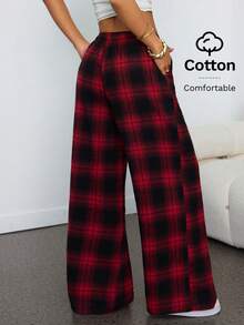 SHEIN PETITE 宽松红黑格子印花斜插口袋抽绳休闲裤 - 紅色 - 查看 2