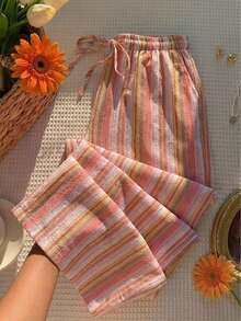 SHEIN EZwear 大码女式休闲沙滩度假撞色条纹印花抽绳腰侧口袋阔腿裤，春夏秋季 - 彩色 - 查看 1