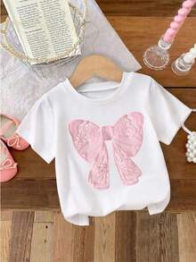 New SS26 Fashion Baby Girls Clothes, Sweet Pink Bow Pattern, Versatile Comfortable Round Neck Short Sleeve T-Shirt, Suitable For Spring And Summer, Lightweight And Comfortable Summer Tops, Graphic Tee - White - View 2