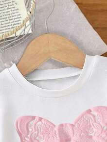 New SS26 Fashion Baby Girls Clothes, Sweet Pink Bow Pattern, Versatile Comfortable Round Neck Short Sleeve T-Shirt, Suitable For Spring And Summer, Lightweight And Comfortable Summer Tops, Graphic Tee - White - View 3