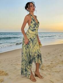 Glamine Women's Dark Yellow Tie Dye Halter Backless Asymmetrical Hem Dress,Stretchy Bodycon Boho Summer Holiday Vacation Long Beach Wedding Guest Sun Dress - Multicolor - View 2