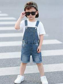 SHEIN Young BoyNavy Blue Denim Elastic Suspender Shorts - Light Wash - View 1