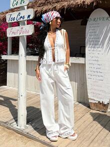 Muchica 2PCS Women's Summer White And Blue Printed Sleeveless Top With Star Embellishment On The Front; Backless Halter Casual Set With Ruffles; Women's Holiday Wear; Women's Summer Beach Wear; Women's Country Resort Wear. - White - View 3