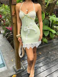 Sunnyshic 蝴蝶结饰边钩编女士吊带迷你连衣裙 - 綠色 - 查看 6