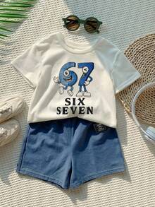 SHEIN 2pcs/Set Baby Boy/Girl Casual Cute Crayon Animal Print Loose Round Neck Knit Top T-Shirt And Shorts Set, Suitable For Spring/Summer Wear - Multicolor - View 4