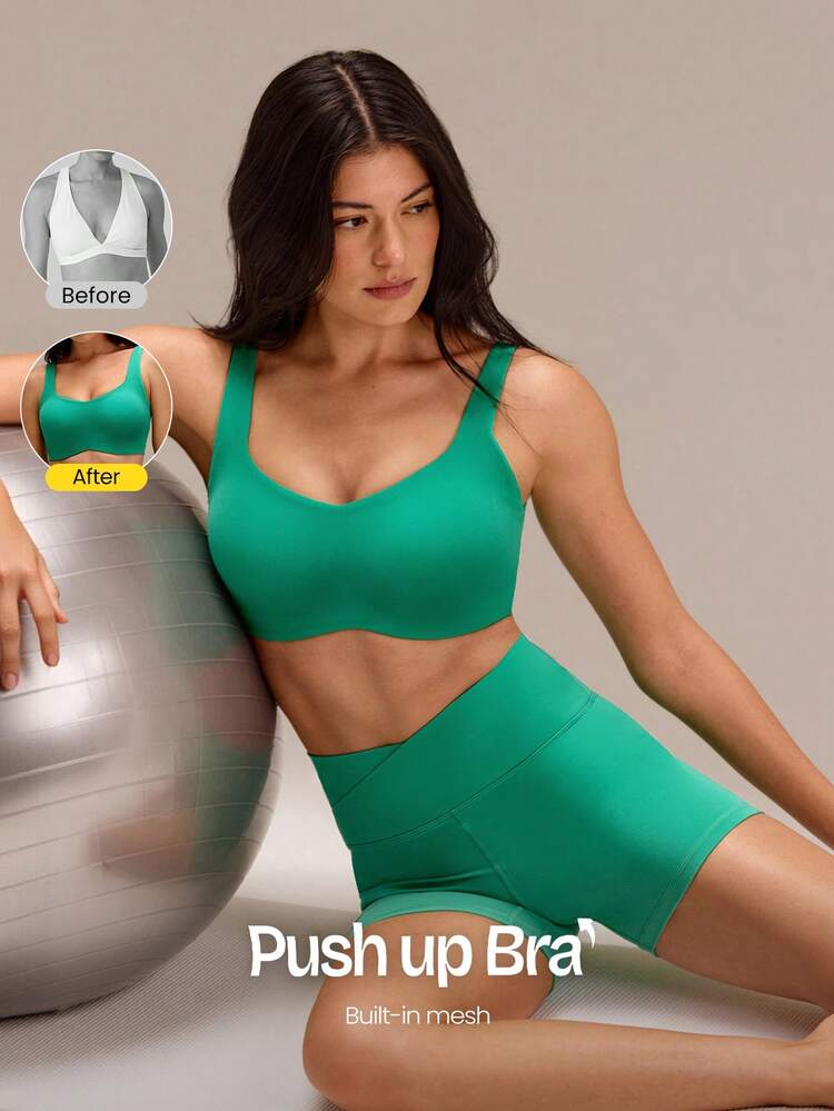 FeatherFit™-Sculpt Push-Up Power Play Compressive Built-In Mesh Straps Removable Cups V-Back Demi Sports Bra Medium Impact Running Jogging Workout Gym Training Active
